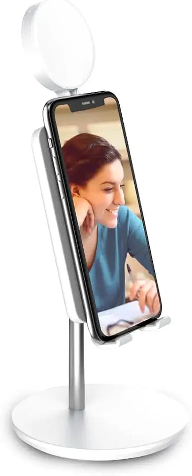 DigiPower Shine Smartphone-Ständer mit 3" Ringlicht, höhenverstellbare Tisch Handy-Halterung, Multi-Winkel, für Videocalls am Arbeitsplatz und Home Schooling, weiß, DP-WSH-PH3
