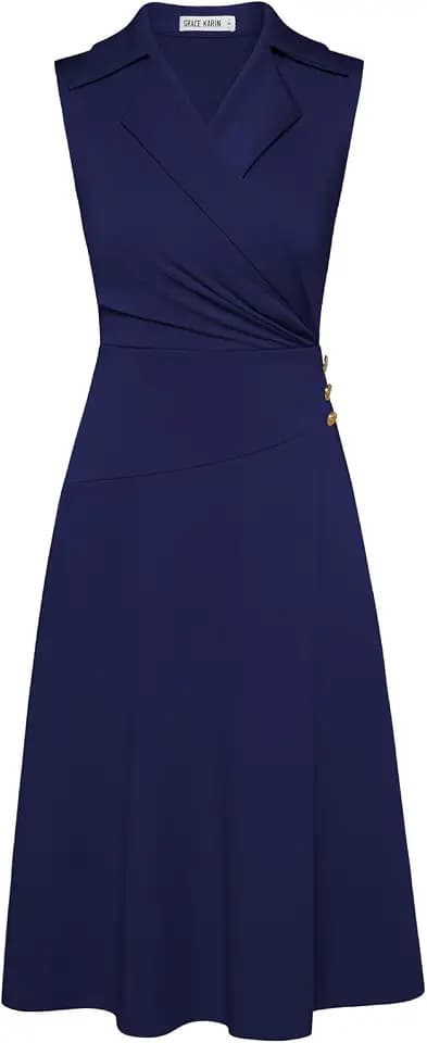 GRACE KARIN Wickelkleid Damen V-Ausschnitt Reverskragen A-Linie Midi Kleider Elegant Business Outfit Damen mit Knöpfen