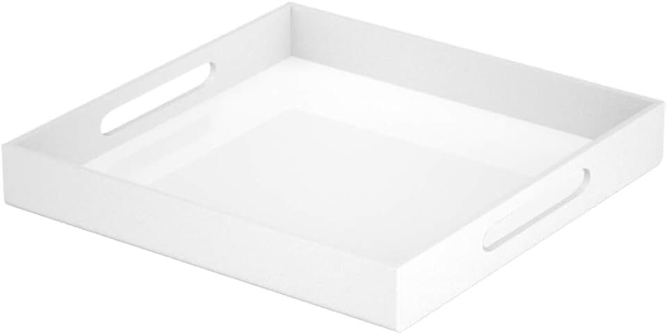 NIUBEE Acrylic Serving Tray 12x12 Inches -Spill Proof- White Decorative Tray Organiser for Ottoman Coffee Table Countertop with Handles