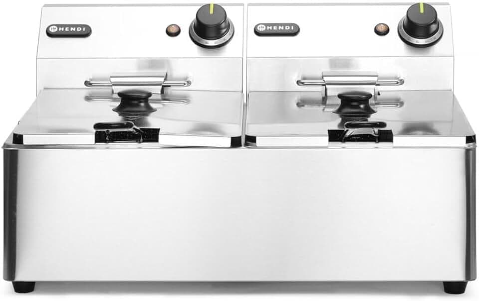 HENDI Fritteuse, Friteuse, Fritöse, einstellbar bis 190°C, Kaltzone, mit Frittierkorb und Deckel, Entnehmbar Becken, Sicherheitsthermometer, 2x6L, 230V, 6600W, 550x430x(H)290mm, Edelstahl