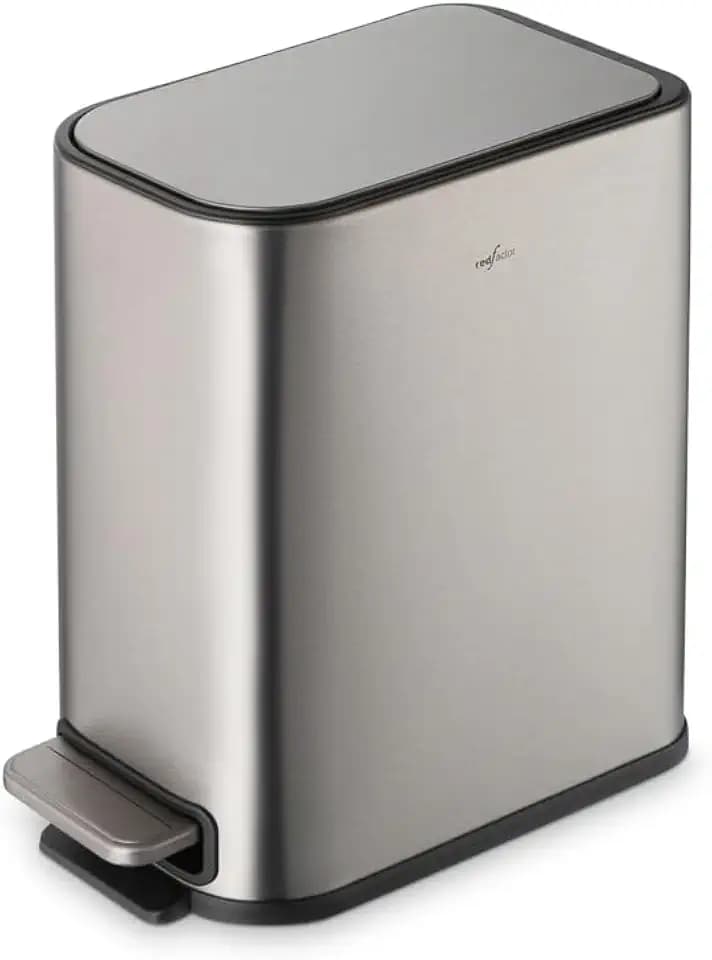 RED FACTOR Slim 1.3 Gallon Stainless Steel Pedal Trash Can with Soft Close Lid for Narrow Spaces – Small Wastebasket Bin with Removable Inner Bucket (Metallic Grey)