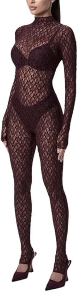 Wuitrie See Through Lace Jumpsuits for Women Mock Neck Long Sleeve Bodycon One Piece Jumpsuit Club Outfits Sexy Clubwear