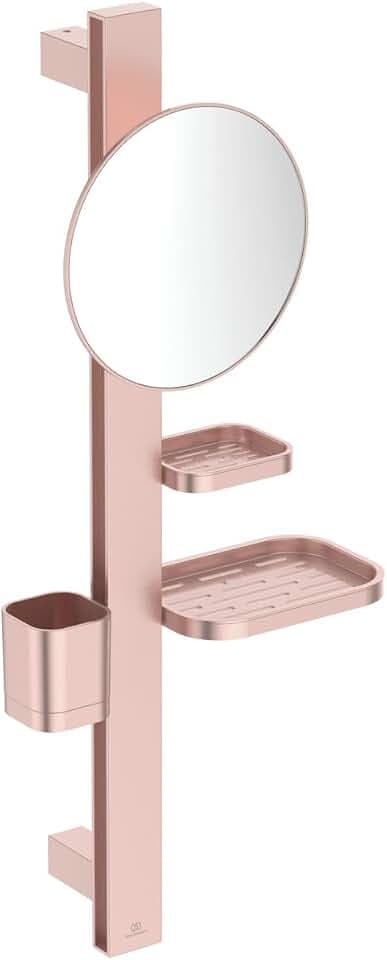 Ideal Standard Alu+ Beauty Bar, Accessoires-Kombination S, mit Ø 205 mm Kosmetikspiegel (3-Fach Vergrößerung) und verstellbaren Ablagen, aus 100% recyceltem Aluminium – Rosé (310.5x160x717 mm)