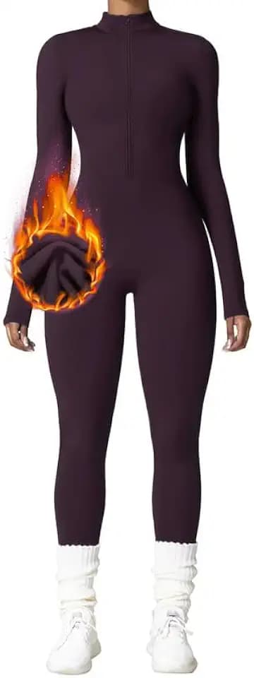 OEAK Damen Sport Jumpsuit Lang Eng Yoga Overall Langarm Rollkragen Playsuits mit Reißverschluss Nahtloser Fleece gefüttert Bodysuit Einteiler Romper