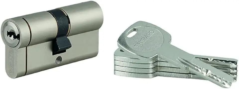 Doppelzylinder, 30 x 30 mm, vernickelt, europäisches Profil, Messing, Mechanismus mit 6 Stiften, Schutz gegen Lockpicking, Bohren, Einschlag, 5 Flachschlüssel, wendbar, THIRARD