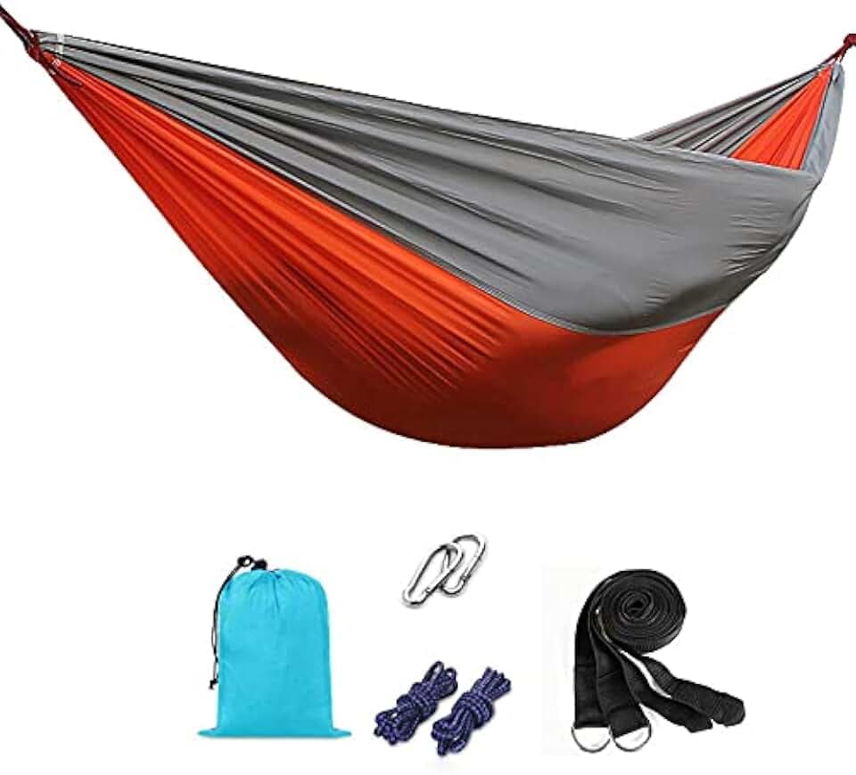 Lightweight Camping Hammock Double Portable Hammocks with 2 Tree Straps,Extra-Strong Nylon Parachute Hammocks for Travel, Beach, Backyard, Patio, Hiking (Orange)