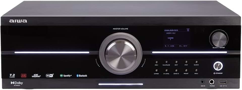 AIWA AVR-7210 7.2-K-Audio- und Video-Receiver mit Dolby Atmos, Spotify Streaming, AirPlay 2, Bluetooth 5.2 und UHD 4K Passthrough - 1155W insgesamt, Farbe: schwarz