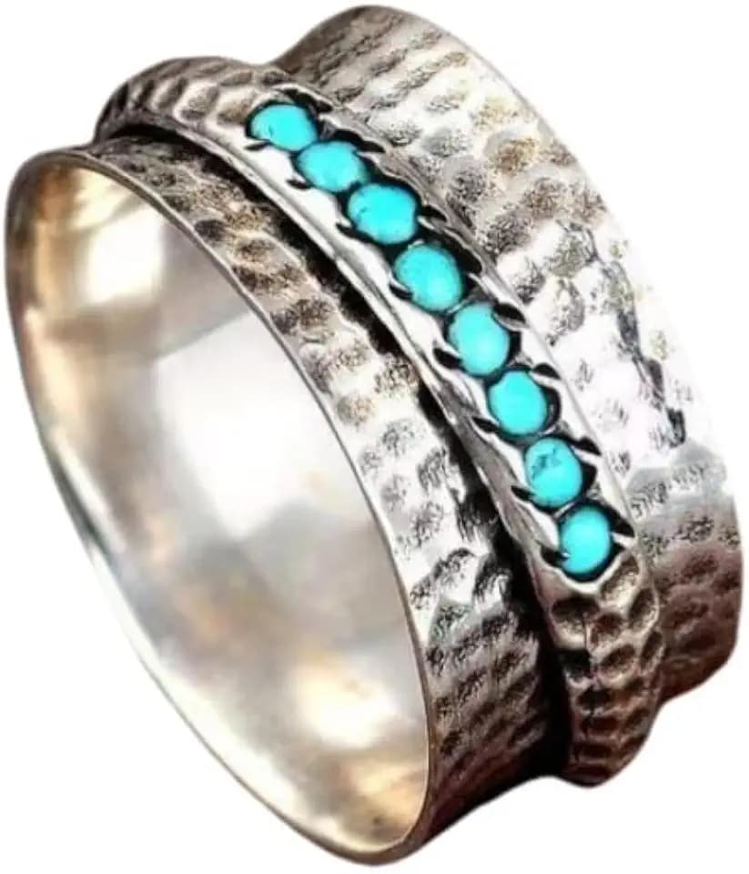Pingyongchang Anxiety Spinner Rings Bohemia Vintage Turquoise Fidget Relieving Anxiety Wedding Promise Rings for Women Ladies Comfort Fit Size 6 to 10