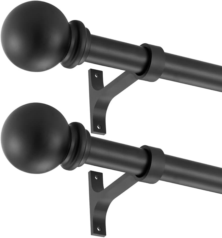 Matte Black Curtain Rods 28-48" - 2 Pack Heavy Duty 1 Inch Diameter Single Rods with Ball Finials, Adjustable for Windows