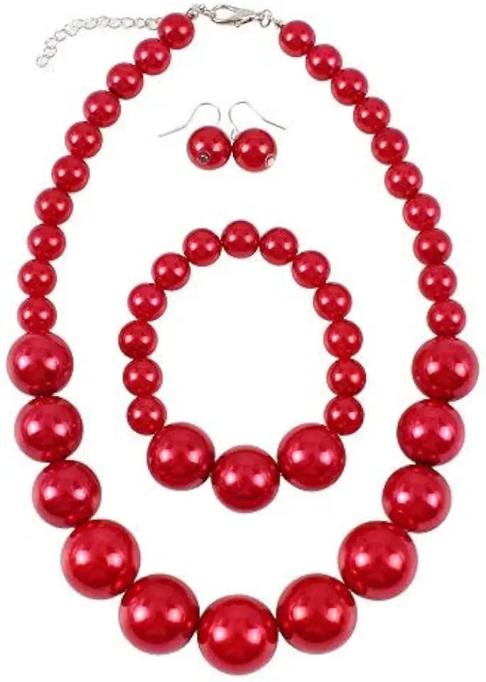 KOSMOS-LI Women's Large Big Simulated Pearl Statement 19" Necklace Bracelet and Earrings Jewelry Set Stocking Stuffers