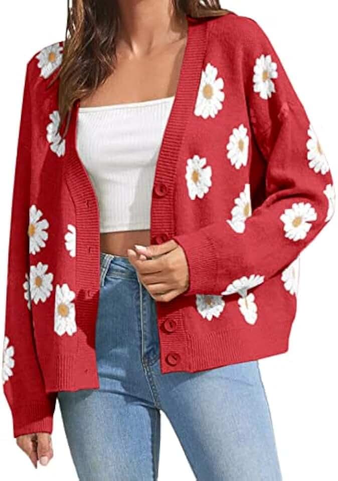 Women's Floral Print Cardigan Long Sleeve Open Front Button Down V Neck Knitted Sweaters