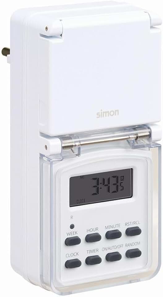 Simon – Digitale Zeitschaltuhr für den Außenbereich, 10 EIN-/Aus-Programme, Sommerfunktionen und Präsenzsimulation, LCD-Display mit Hintergrundbeleuchtung, IP44, Weiß