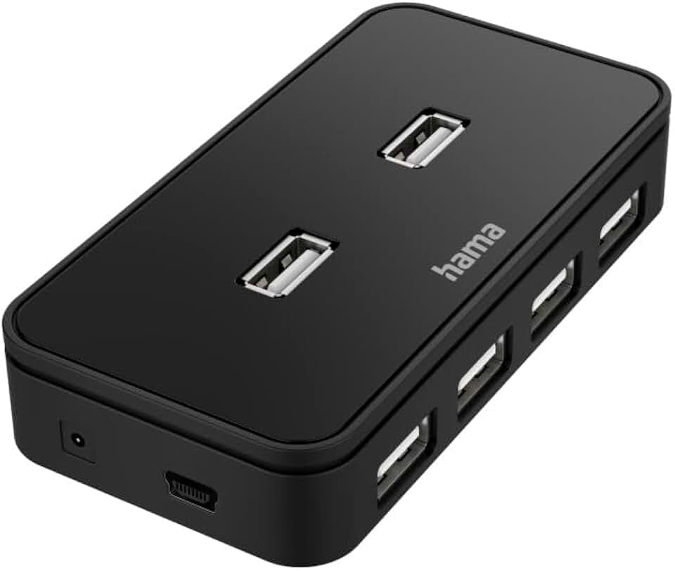 Hama USB Hub, 7 Ports (USB 2.0 Hub, 480 Mbit/s, ,mit Netzteil und abnehmbarem Kabel, ideal zum Verbinden von Maus, Tastatur, Festplatte mit PC, Laptop, Tablet, MacBook)