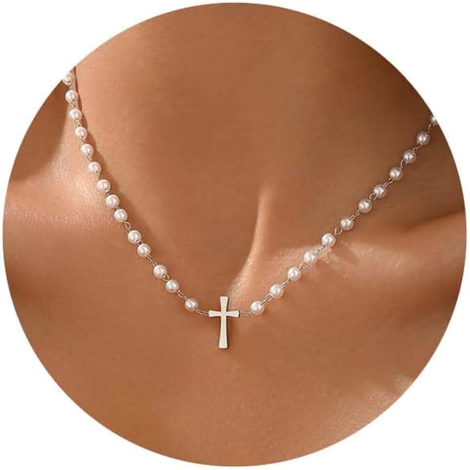 Gold Pearl Cross Necklace for Women Dainty 18K Gold Plated