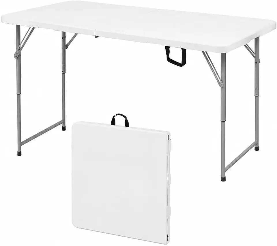 Folding Table 4 Foot, Heavy Duty Adjustable Height Folding Card Table Portable Plastic Foldable Utility Table Indoor Outdoor for Camping, Picnic, Dining and Party, White