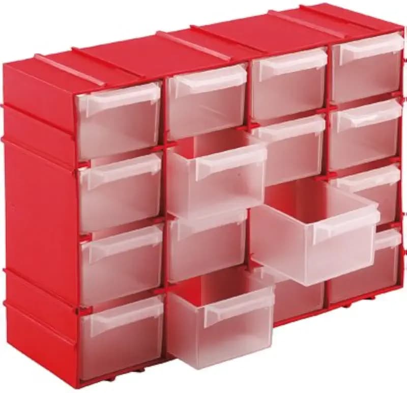 Kigima Sortierbox 22x15x8cm 16 Fächer Rot – Praktisches Kleinteilemagazin aus Plastik – Sortimentskasten für Wandmontage geeignet – ideal als Werkstatt Organizer, oder Ergänzung für Normteilwand