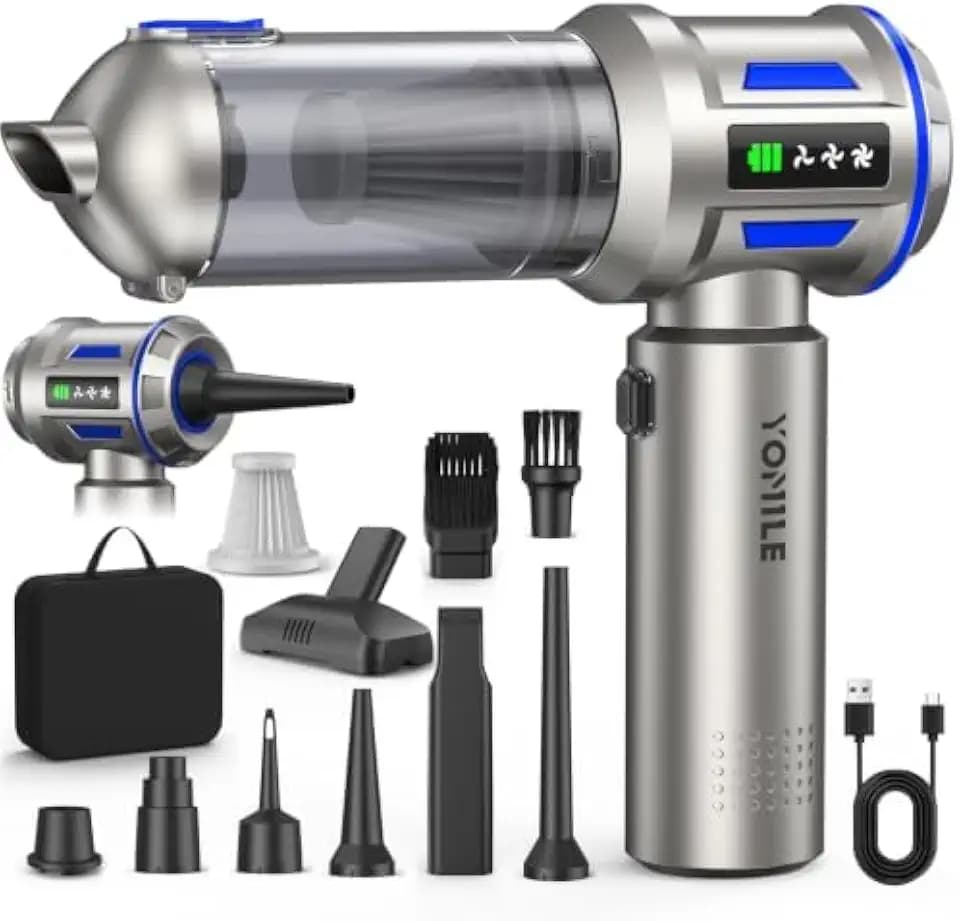 Yomile Autostaubsauger Kabellos, 27000Pa Mini Handstaubsauger mit 135W Motor, 4-in-1 Akku Staubsauger & Druckluftgebläse, Tragbarer Auto Sauger für Fahrzeug, Büro und Zuhause, mit HEPA Filter