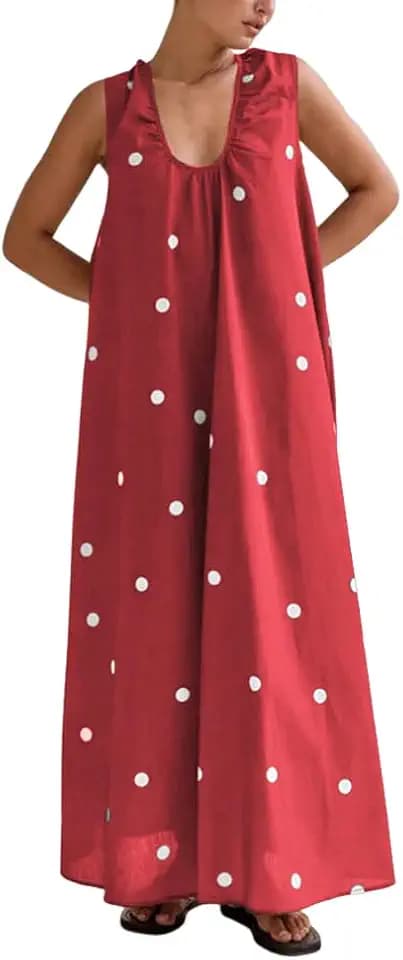 chouyatou Women's Boho Polka Dot Maxi Dress Sexy U Neck Pleated Swing Beach Party Tank Sun Long Dress