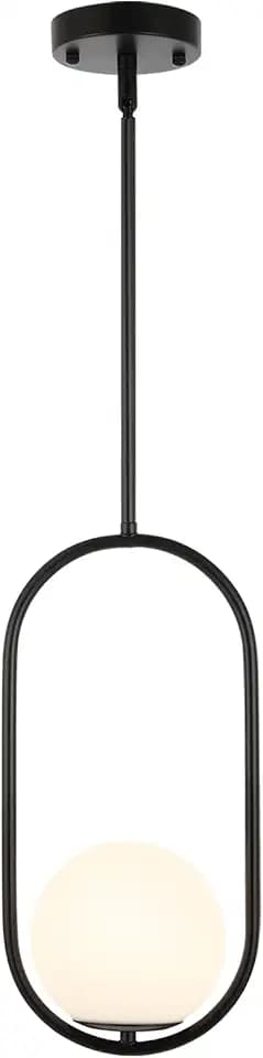 BYOLIIMA Modern Globe Pendant Light Mid Century Chandelier 1-Light Matte Black Ceiling Hanging Lighting Fixture with White Globe Glass Shade for Kitchen Island Dining Room Bedroom