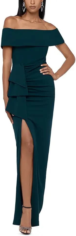 Xscape Women's Off Shoulder Straight Neck Evening Gown with Foldover Cuff, Side Ruffle, Leg Slit, Fitted Formal Dress