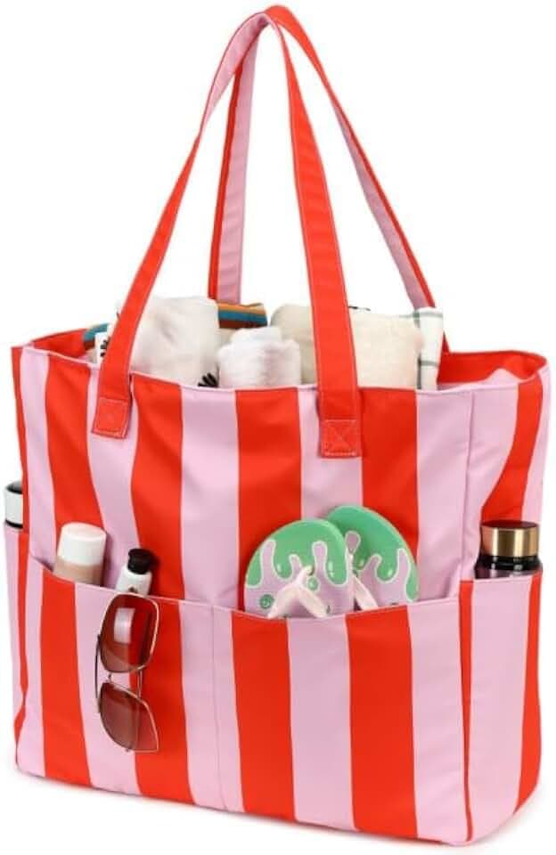 LEDAOU Beach Bag Waterproof Sandproof Women Beach Tote Pool Bag with Zipper for Swim Gym Grocery Travel with Wet Pocket