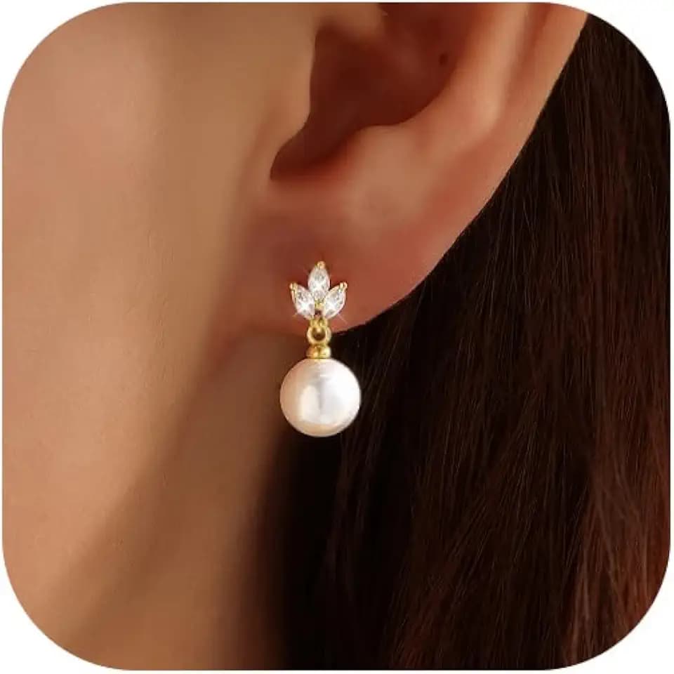 Pearl Earrings for Women, 14k Gold Plated Trendy Diamond Pearl Drop Earrings Bridal Shower Gifts Wedding jewelry for Women