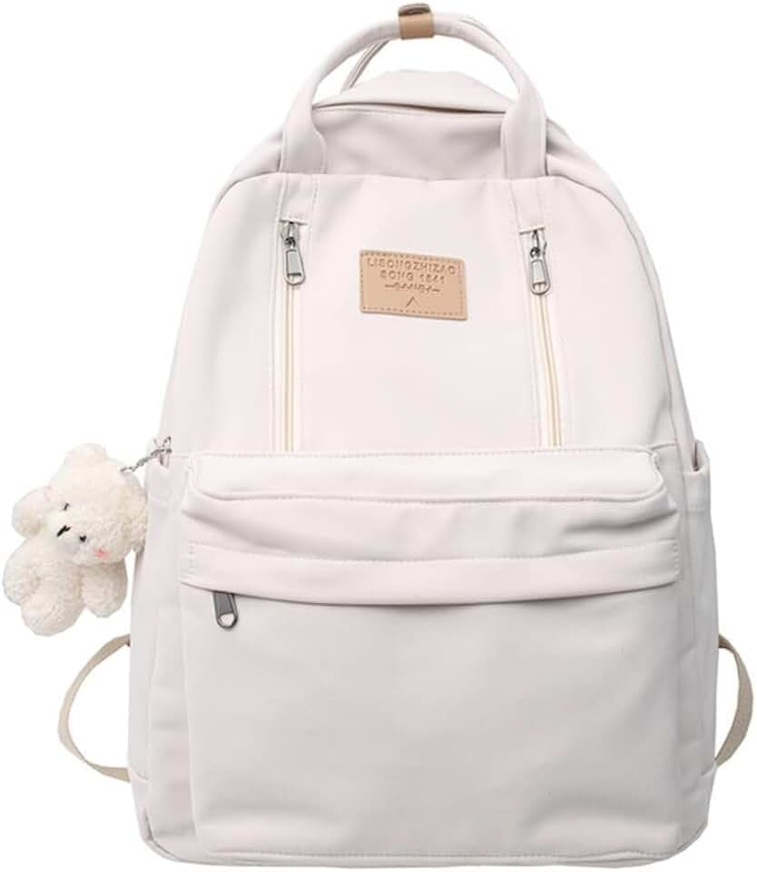 AONUOWE Preppy Backpack with Plushies Cute Backpack for Teen Girls Light Academia Bookbags Solid Aesthetic School Bag (White)