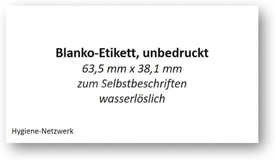 Wasserlösliche Etiketten Blanko auf Bogen. Ideal für Behälter in Gastronomie und Catering. Selbstklebend und rückstandslos auflösbar. 100 Blatt mit 21 Etiketten. Größe 64 x 38mm