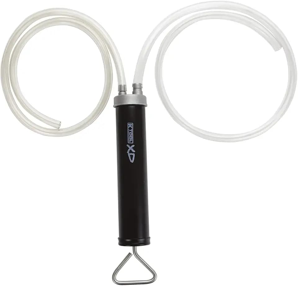 K Tool International XD73902 Dual Action Fluid Transfer Pump for Garages, Repair Shops and DIY, Extract Fuel, Mineral, Synthetic and Biological Oils, (2) 4’ Vinyl Hoses, Metal Housing, Black