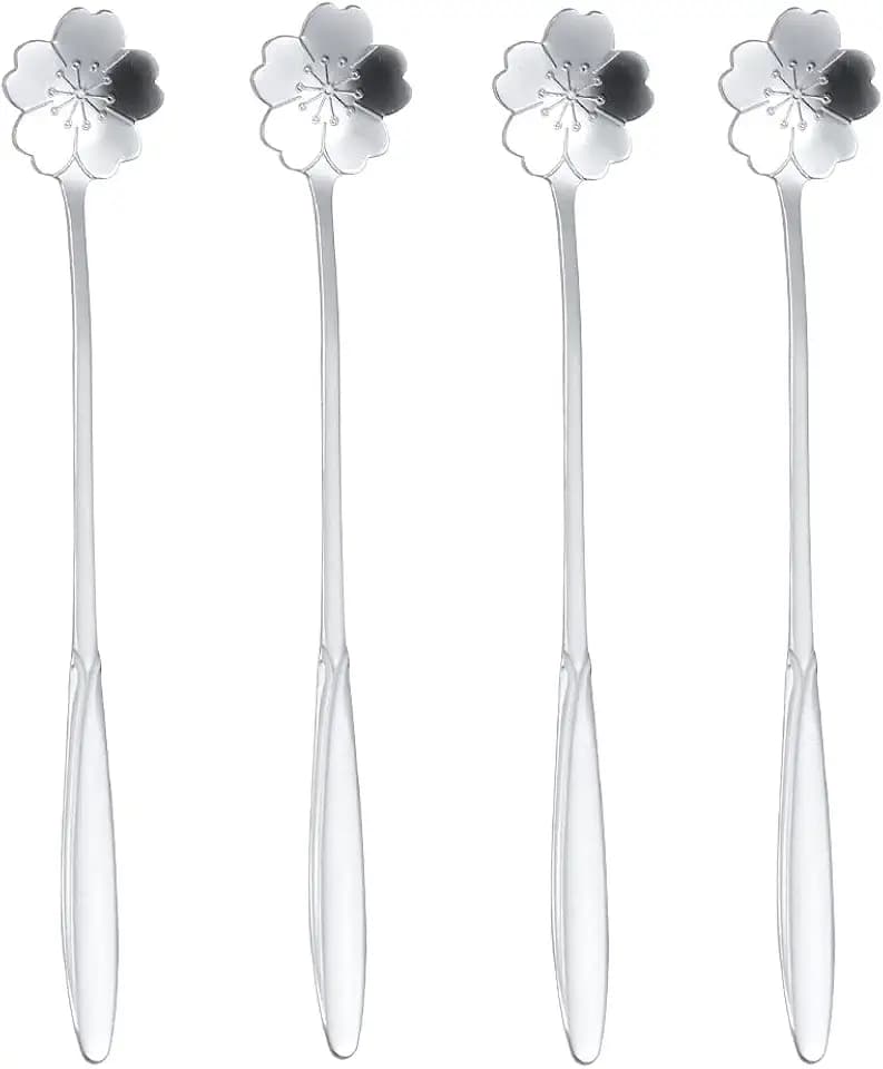 Sakura 16pc Stainless Steel Long Handle Flower Teaspoons - 7 Inch Stir Bar & Ice Cream Spoons