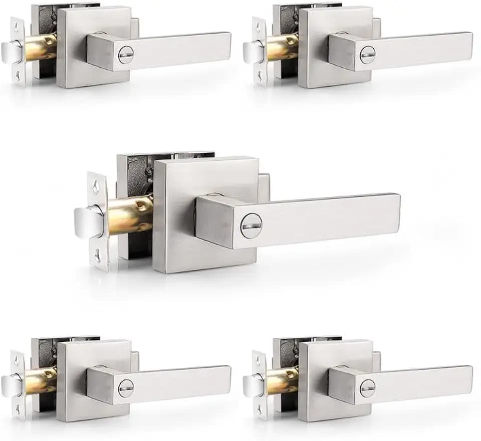 Probrico Brushed Nickel Privacy Door Handles with Lock, ANSI/BHMA Grade 3 Intertek-Verified, 5 Pack Solid Zinc Alloy Square Interior Door Levers for Bedroom Bathroom Office