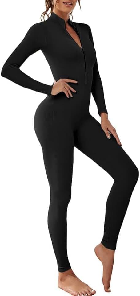 Litthing Damen Sport Jumpsuit Eng mit V-Ausschnitt Reißverschluss Yoga Overall Body Outfits Playsuit Langarm Bodycon Strampler Sportanzug Fitness Slim Jogginganzug