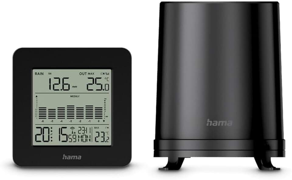Hama Wetterstation (mit Außensensor, Thermometer innen und außen, mit Regenmesser/Regensensor, DCF Funkuhr, 2 Weckzeiten, Anzeige von Temperatur, Niederschlagsmenge, Uhrzeit, Datum, Wochentag) schwarz