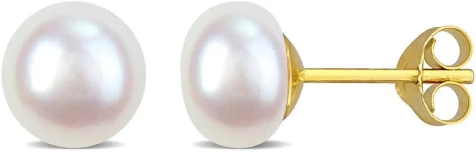 925 Sterling Silver White Cultured Freshwater Pearl Stud Earrings - A+ Quality, for Men & Women - Available in Sterling Silver or Yellow Gold Plated - Sizes 6mm, 7mm, 8mm