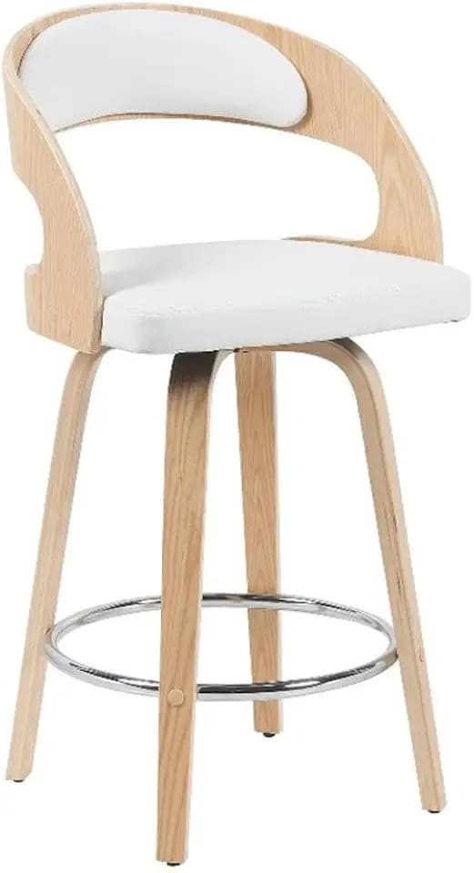 Armen Living Shelly Modern Counter Height Swivel Bar Stool in Patterned Oak Finish with White Faux Leather Upholstered Seat