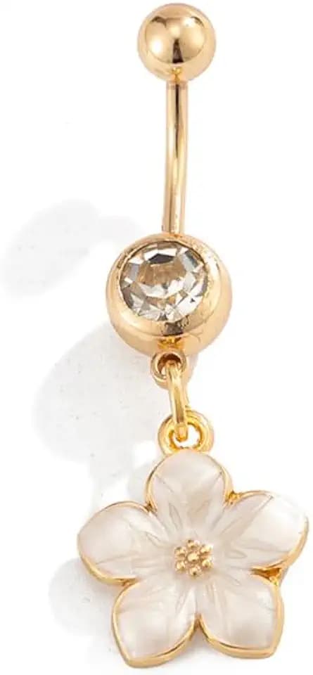 Flower Belly Button Ring for Women 14K Gold Plated Cubic Zirconia Navel Piercing Jewelry Stainless Steel CZ Crystal Charm Belly Ring Hypoallergenic Belly Bar for Women