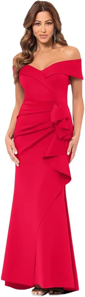 Xscape Women's Long Off-the-Shoulder Sweetheart Neckline Formal Evening Gown with Ruching and Draped Ruffle Detail