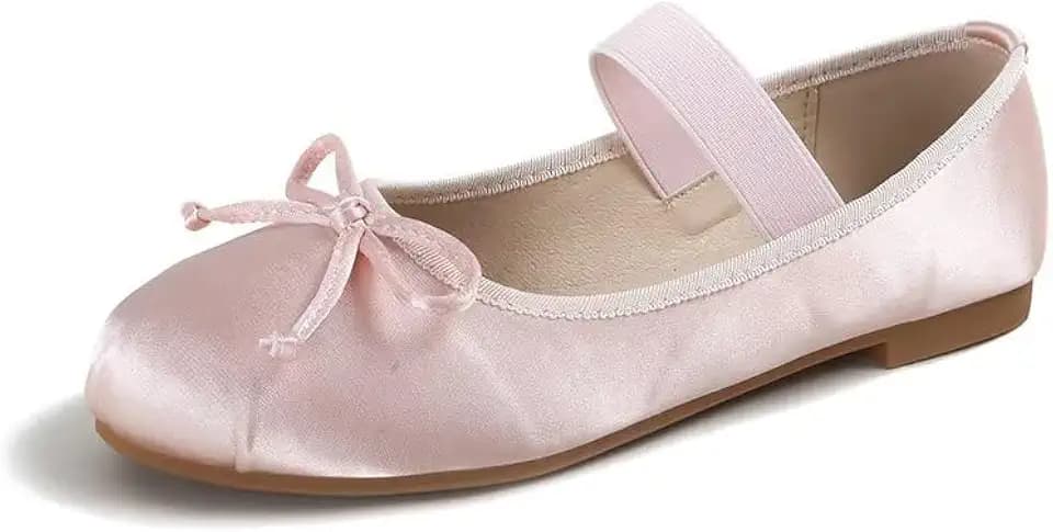 Women's Satin Mary Jane Flats Round Toe Dress Shoes with Elastic Strap