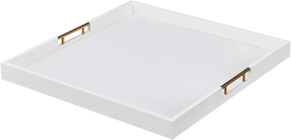 18×20 Inches White Faux Leather Coffee Serving Tray Decorative Ottoman Trays with Gold Metal Handles Decor for Living Room Rectangle Large Bed Breakfast Organizer for All Occasions Multipurpose Using
