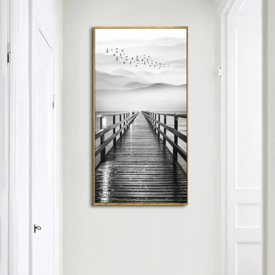 Piy Painting Natural Extra Framed Canvas Wall Art of Lake for Aisle Corridor,Black & White Pier with Bird Flying Canvas Picture Print Decor,Vertical Wharf Mountain Landscape Artwork,Graphic Art Prints 24x48 IN