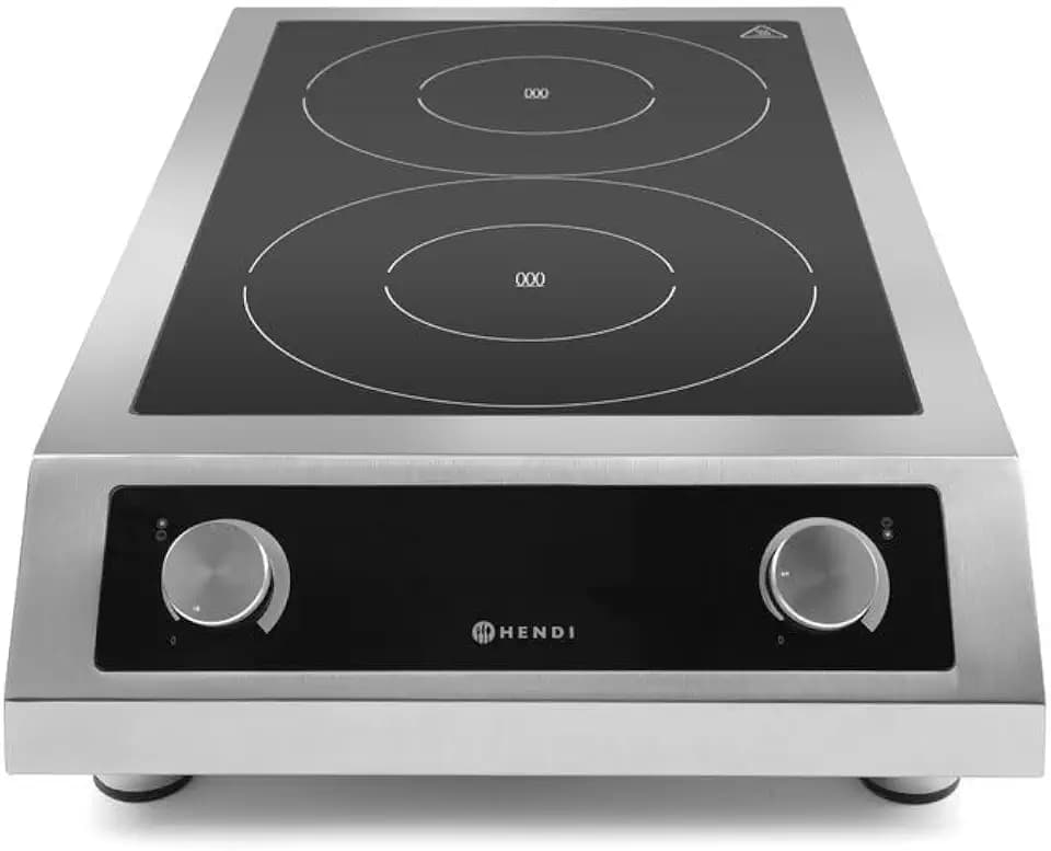 HENDI Induktionskocher, Modell 7000, mit 2 Kochfeldern, Elektronischer Schutz vor Überhitzung, 400V, 7000W, 405x698x(H)145mm, Edelstahl