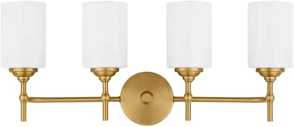 4-Light Matte Brass Modern Bathroom Vanity Light with Opal White Glass Contemporary Style Dimmable 60W