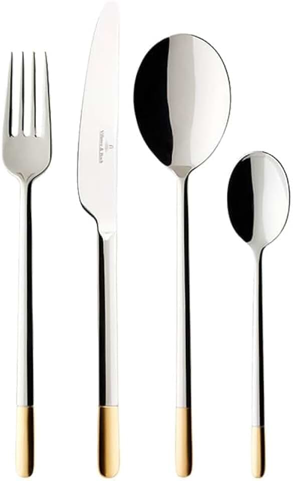 Villeroy & Boch – Ella Teilvergoldet Tafelbesteck Gold 24 Teilig 6 Personen, Spülmaschinenfest, Rostfrei, Besteckset, Besteck Set, Vergoldetes Besteck, Essbesteck, Edelstahl/Blattgold-Applikationen