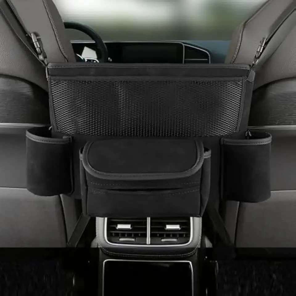 Car Organizer, Leather Large Capacity Car Purse Holder Between Seats, Seat Back Net Bag Double-sided Tissue Storage Handbag Holder Car Divider (Black)