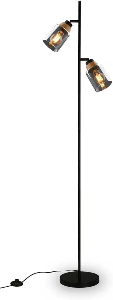 BRILONER – Stehlampe als Deko im Wohnzimmer und Leselampe, Schwenkbare Lampe, Wohnzimmerlampe, Fußtaster, Rauchglas, Schwarz-Holz