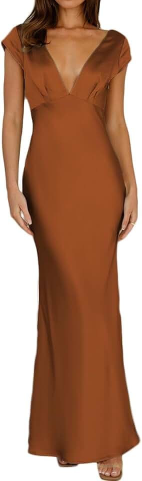 Halfisland Womens Summer Satin V Neck Cap Sleeve Backless Maxi Dress Elegant Twist Cut Out Midi Dresses Wedding Guest Brown, Large