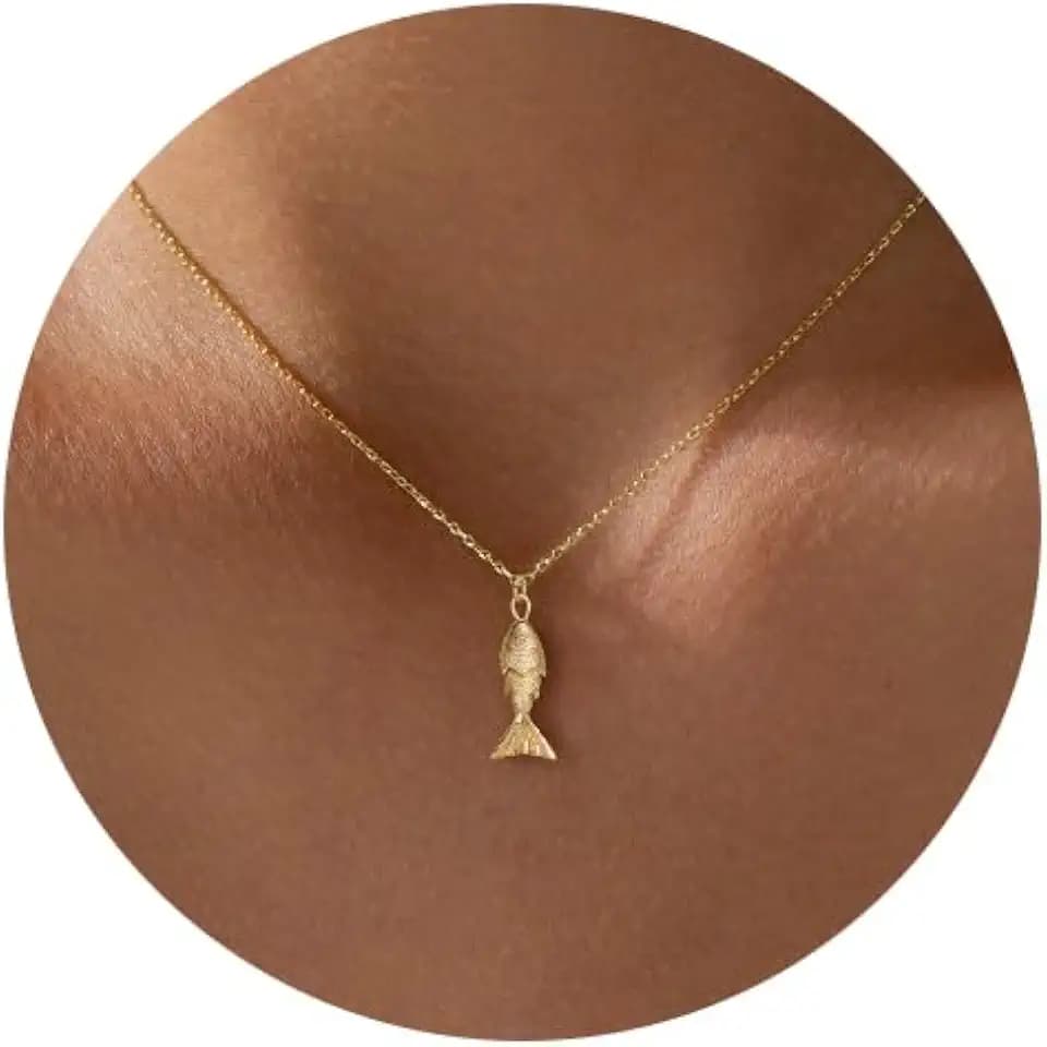 Gold Necklace for Women- 14K Gold Plated Dainty Teardrop Fish Dragon Cross Sun Flower Bow Italian Horn Animal Boot Sea Beach Necklace for Women