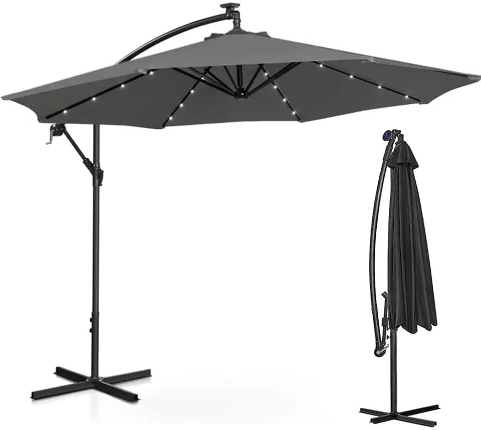 BAKAJI Sonnenschirm für den Garten, Terrasse, mit 32 LEDs und Solarpanel, Größe 3 x 3 m, klappbar, seitlicher Stab und Gestell aus Stahl, Basis Kreuz, Bezug aus Stoff, UV-beständig (Grau)