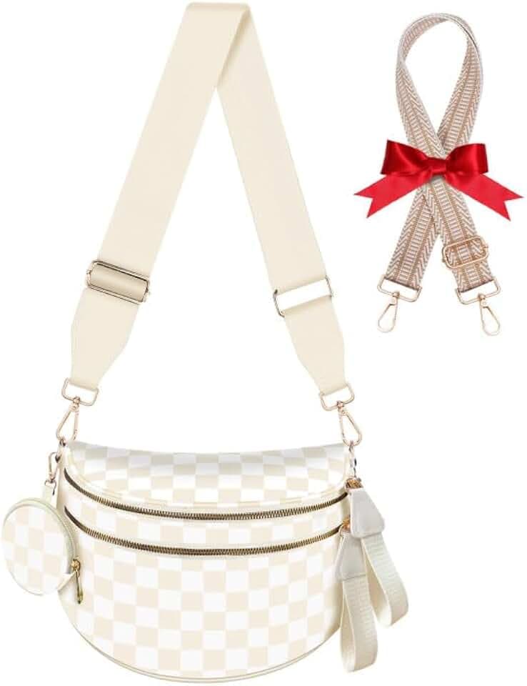 Bum Bags for Women Checkered Crossbody Bag Large Nylon Belt Purse Fanny Packs, Bonus with a Extra Strap
