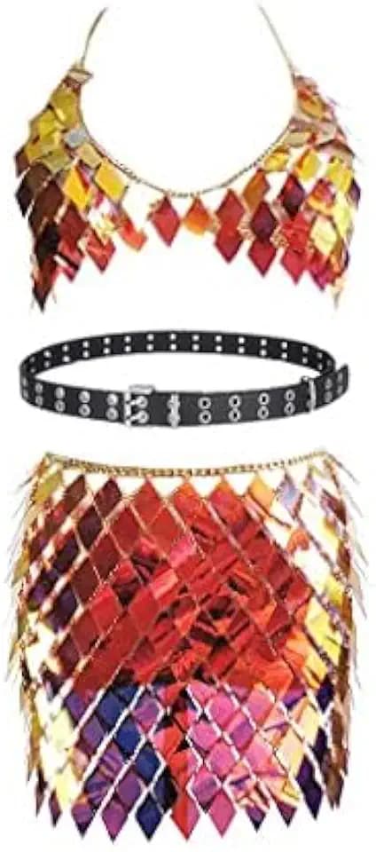 Boho Jewelry sequin Set Body Chain Suit Tribal Harness Bra Crop Top Necklace beltSkirt for Women Summer Beach Party